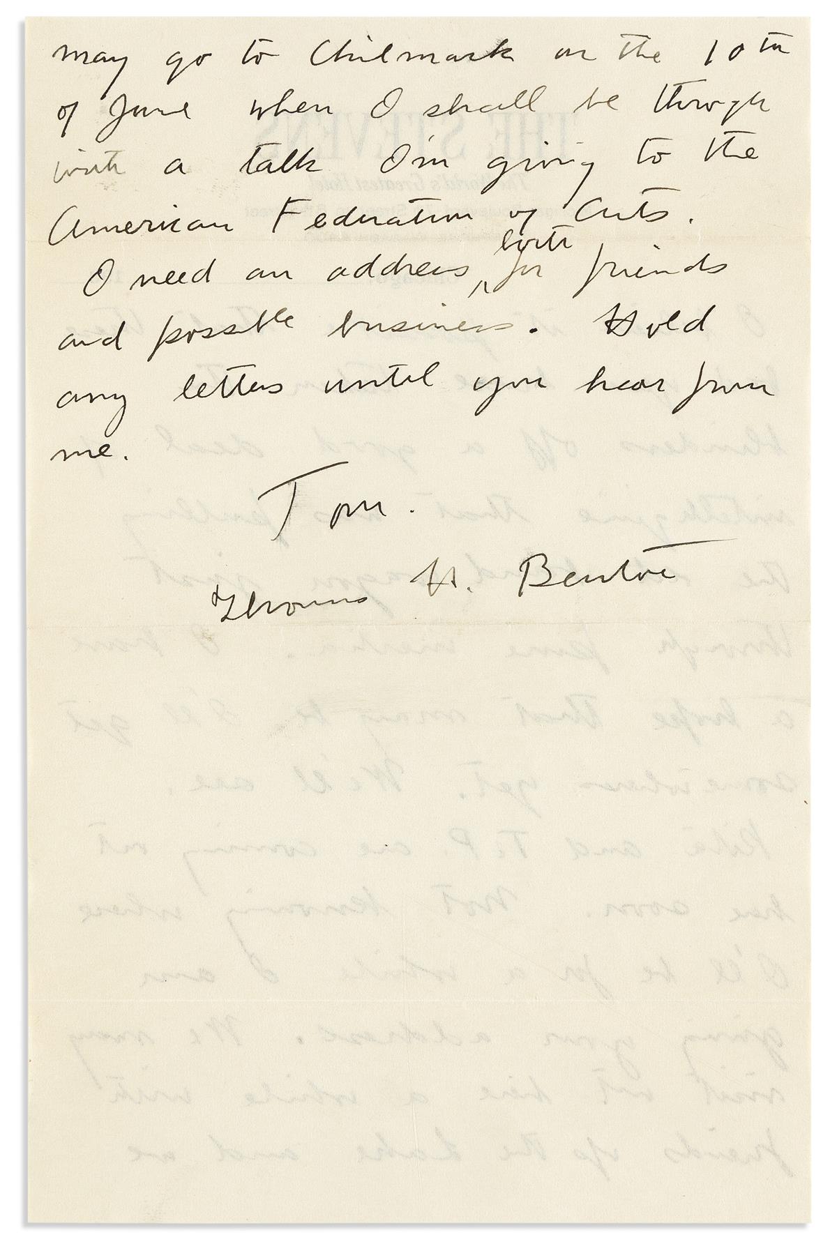 BENTON, THOMAS HART. Group of 17 items Signed, or Inscribed and Signed, Thomas H. Benton or Tom or T, to collector Hyman Cohen, i
